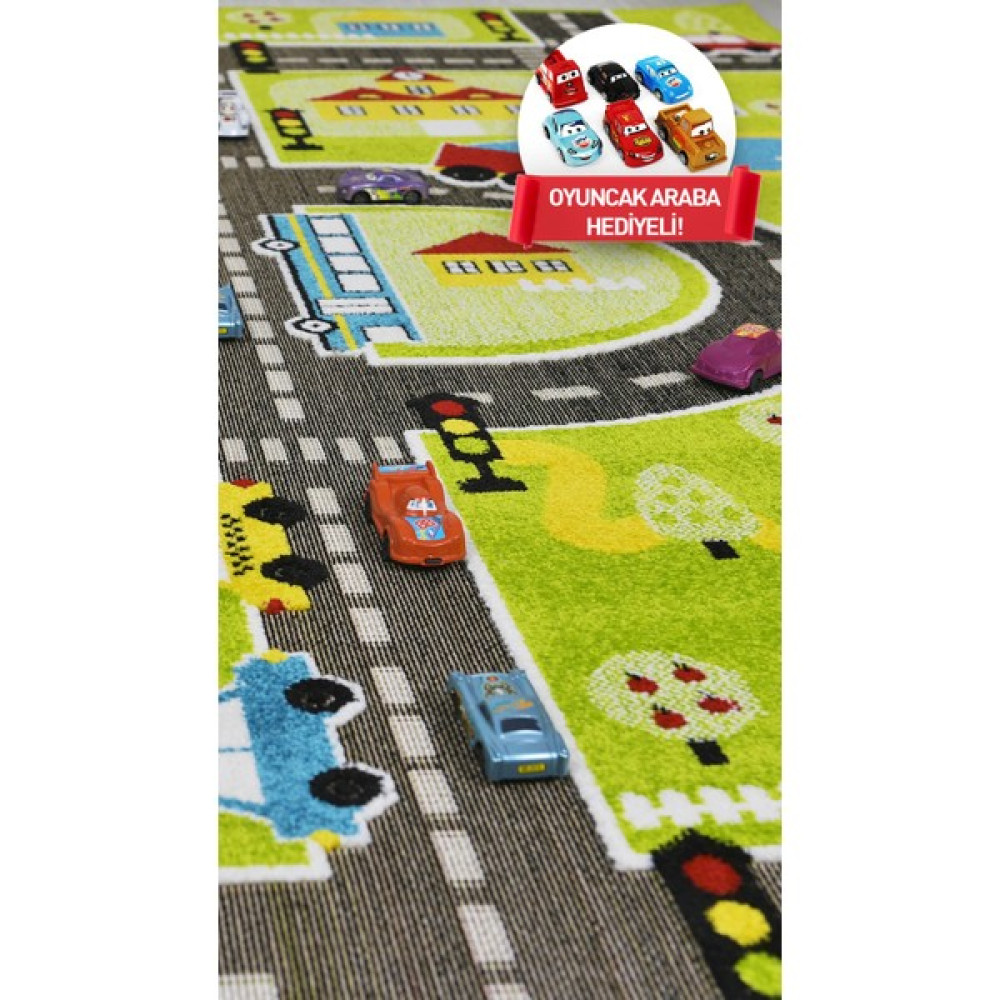 Konfor Halı 3 Boyutlu Yeşil Trafik Arabalı Dokuma Çocuk Oyun Halısı - 80 x 300 cm Bebek Odası Halı Fiyatı
