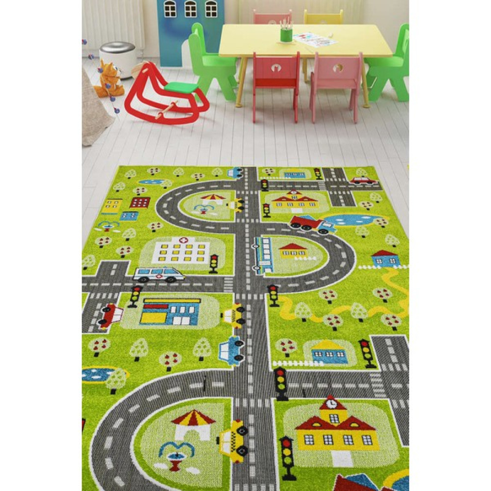Konfor Halı Anaokulu Kreş Oyun Halısı 3 Boyutlu Dokuma Yeşil Trafik 120 x 170 cm - Renkli Bebek Odası Halı Fiyatı