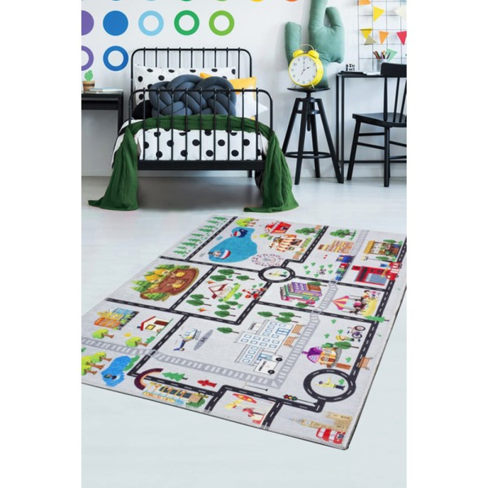 Konfor Halı Rugium Kids Trafik Yolu Çocuk Odası Halısı Yıkanabilir Pamuk Taban Dokuma 80 x 120 cm - Gri Bebek Odası Halı Fiyatı