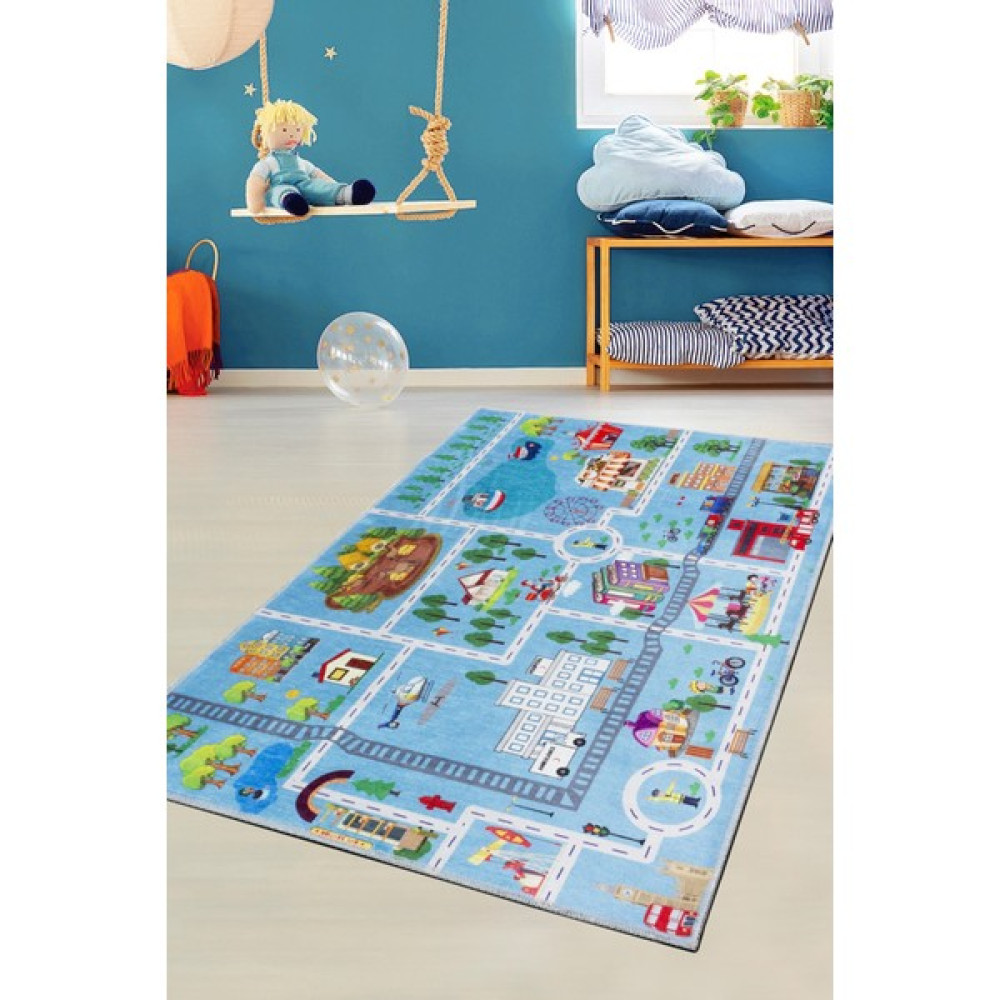 Konfor Halı Rugium Kids Trafik Yolu Çocuk Odası Halısı Yıkanabilir Pamuk Taban Dokuma 80 x 120 cm - Mavi Bebek Odası Halı Fiyatı