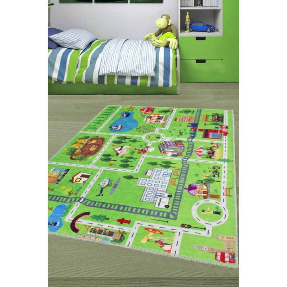 Konfor Halı Rugium Kids Trafik Yolu Çocuk Odası Halısı Yıkanabilir Pamuk Taban Dokuma 80 x 120 cm - Yeşil Bebek Odası Halı Fiyatı