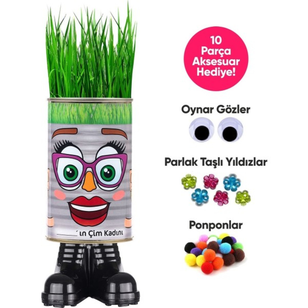 Konserve Bahçem Çim Adam - 4 Eğlence Bir Arada - 20 cm Büyük Boy Konserve Kadın Faaliyet Seti (Kumbara Özellikli) Bitki Fiyatı