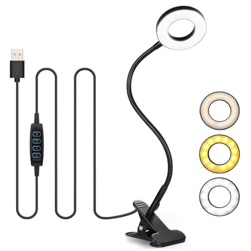 KOOSREEL Desk Lamp Clip On Clamp Light & 3 Light Mode 10 Dimmable Brightness Eye Caring Book Adjustable for Reading Studying Working Video Conference Lighting - Black