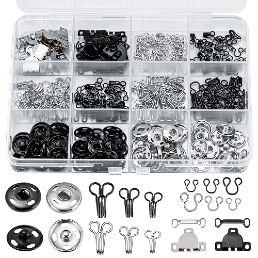 KOPOX 180PCS Hook and Eye Sewing Kit with Garment Buttons, Hook and Eye Closures, Fabric Snap Buttons, Garment Snap Buttons for Skirts Pants Dresses, Clothing and DIY Crafts