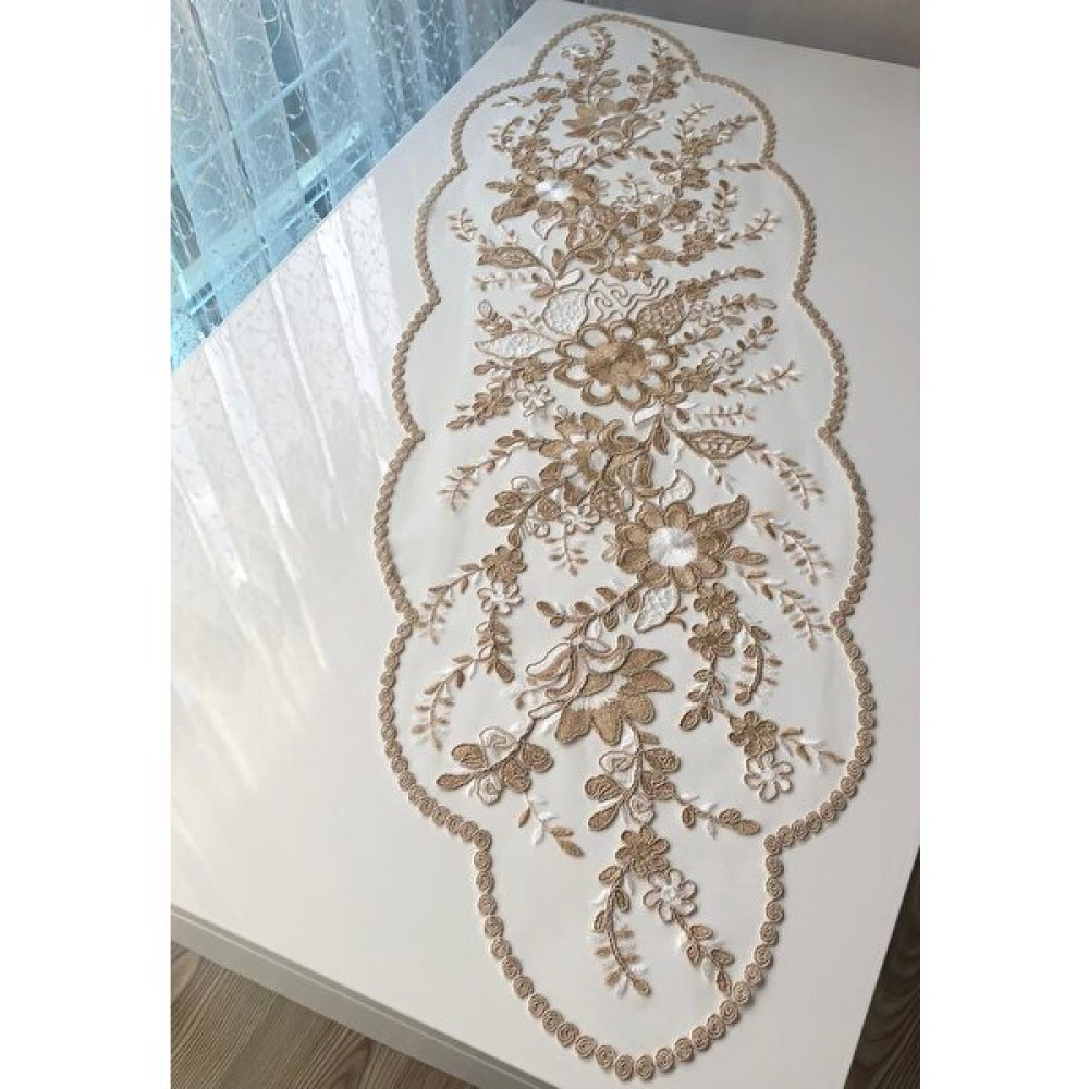Kordone Nakışlı Tül Runner Örtüsü (Kahve-Krem) - Kahverengi - Krem - 38 x 100 cm Masa Örtüsü Fiyatı
