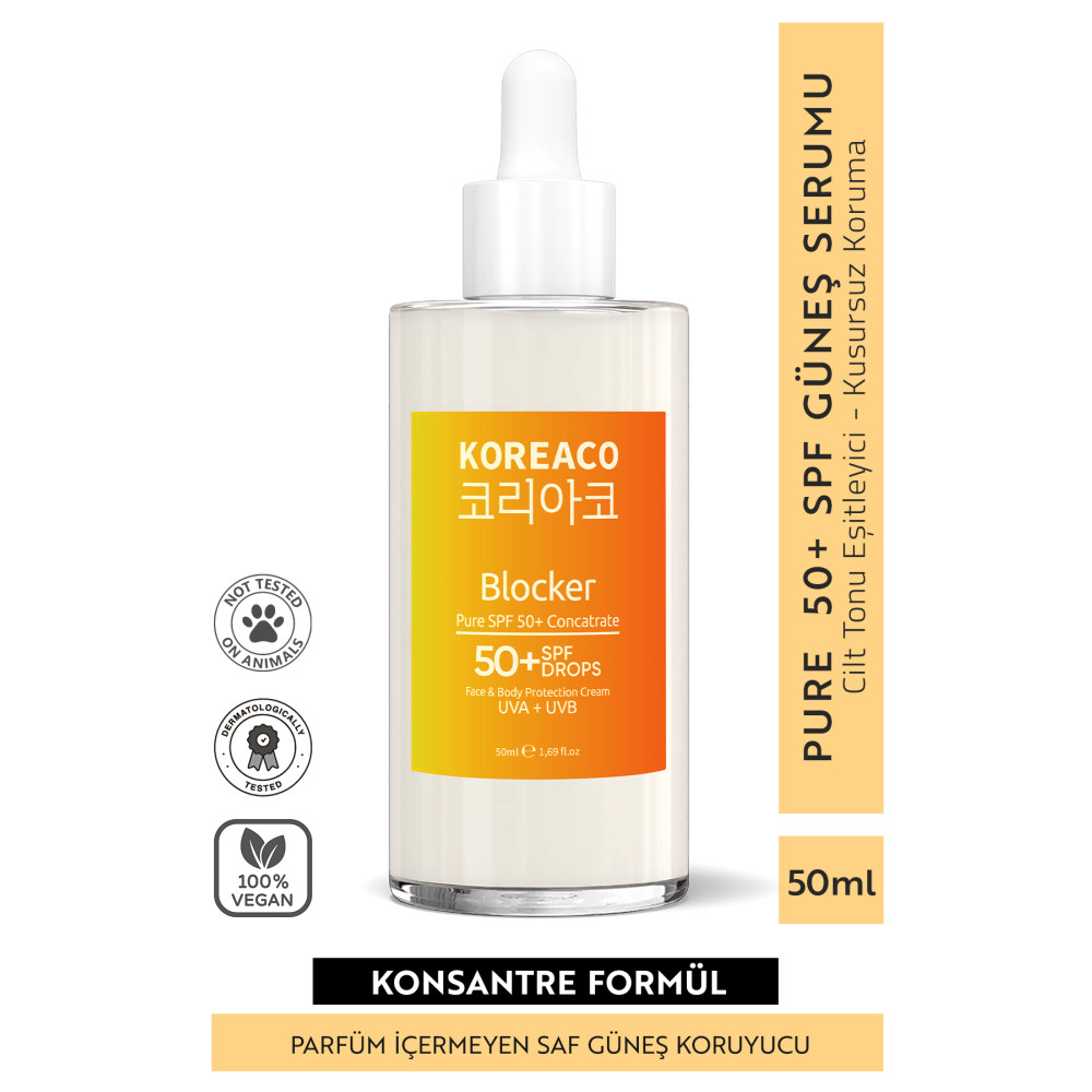 KOREACO Blocker %100 Saf SPF 50+ Suya Dayanıklı Yüksek UVB+UVA Korumalı 50ml Güneş Serumu Güneş Kremleri ve Losyonları Fiyatı