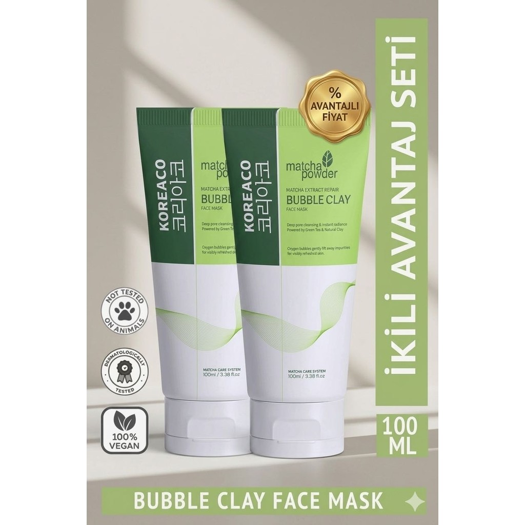 Koreaco Matcha Powder Bubble Clay Face Mask 100 ml (Ikili Avantaj Seti) Diğer Fiyatı