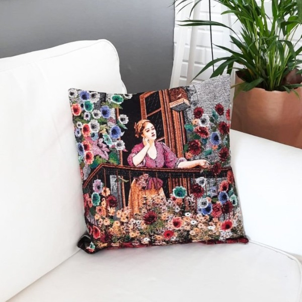 Körfez Kırlent Goblen Dokuma Kırlent Kılıfı Balkondaki Çiçekler 43 x 43 Cm - Renkli Kırlent / Mobilya Yastığı Fiyatı