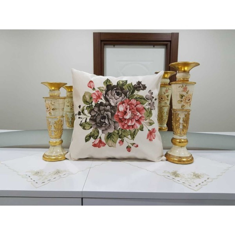 Körfez Kırlent Kırmızı & Gri Desenli Çiçekli - Kaz Dağları Çiçek Dekoratif Kırlent Kılıfı - 43 x 43 cm - Renkli Kırlent / Mobilya Yastığı Fiyatı