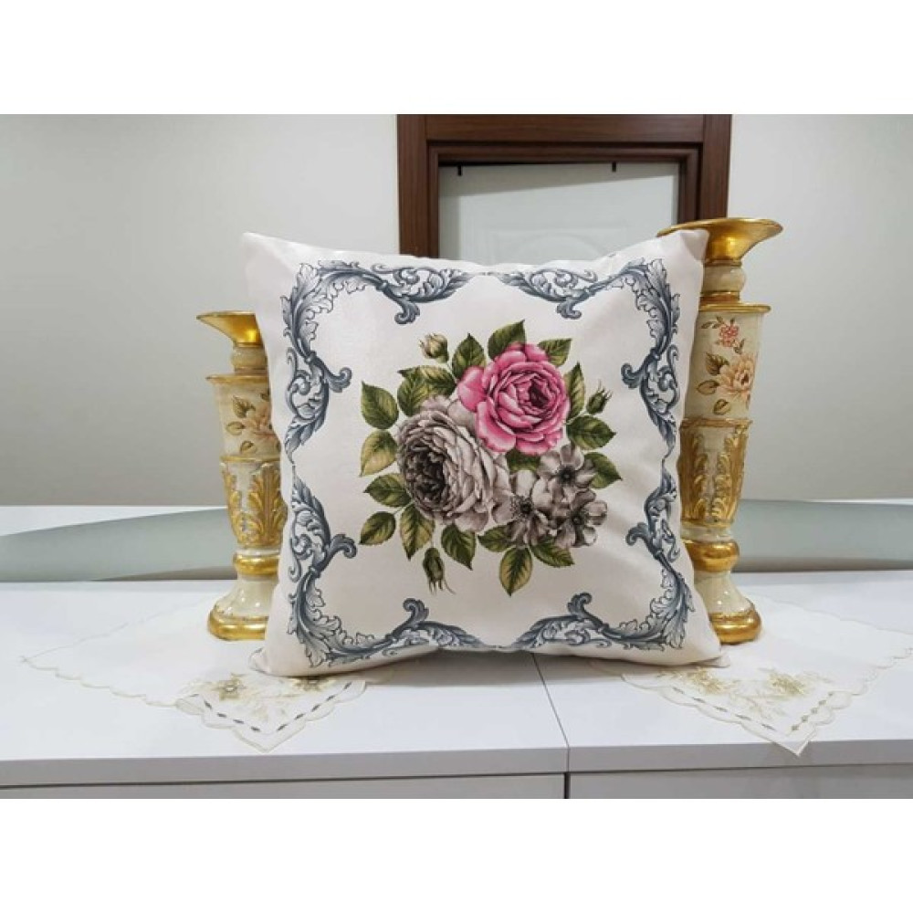 Körfez Kırlent Pembe & Gri Desenli Çiçekli - Asos Çiçek Dekoratif Kırlent Kılıfı - 43 x 43 cm - Renkli Kırlent / Mobilya Yastığı Fiyatı