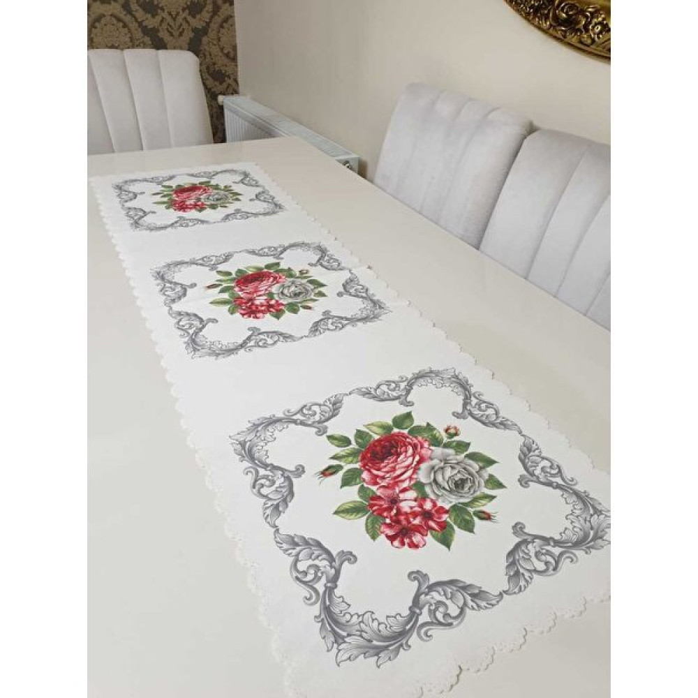 Körfez Kırlent Yavruağzı & Gri Desenli Çiçekli - Asos Çiçek Dekoratif Runner Örtü - 40 x 140 cm - Renkli Masa Örtüsü Fiyatı