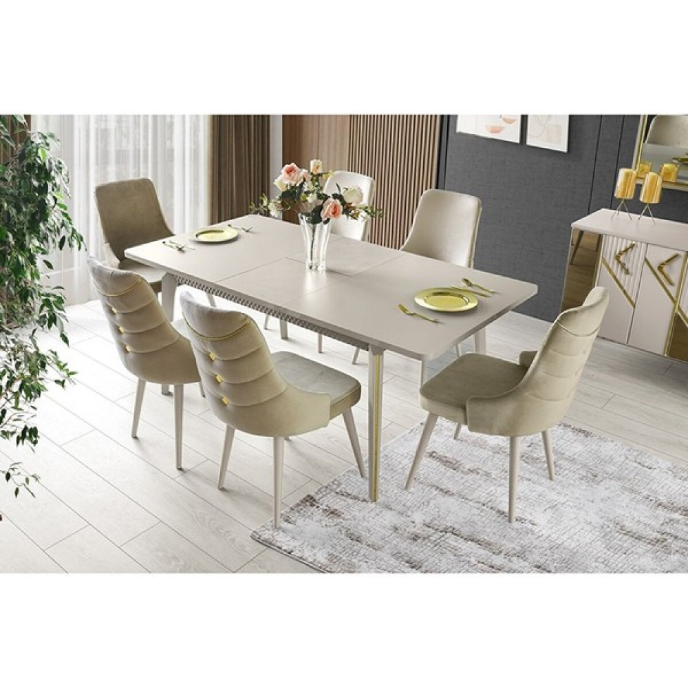 Kosova Mdf Açılır Yemek Masası+ 6 Sandalye - Bej Masa - Sandalye Seti / Takımı Fiyatı