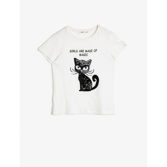 Koton 8KKG17163GK Ekru Kız Çocuk Pul Detaylı T-Shirt