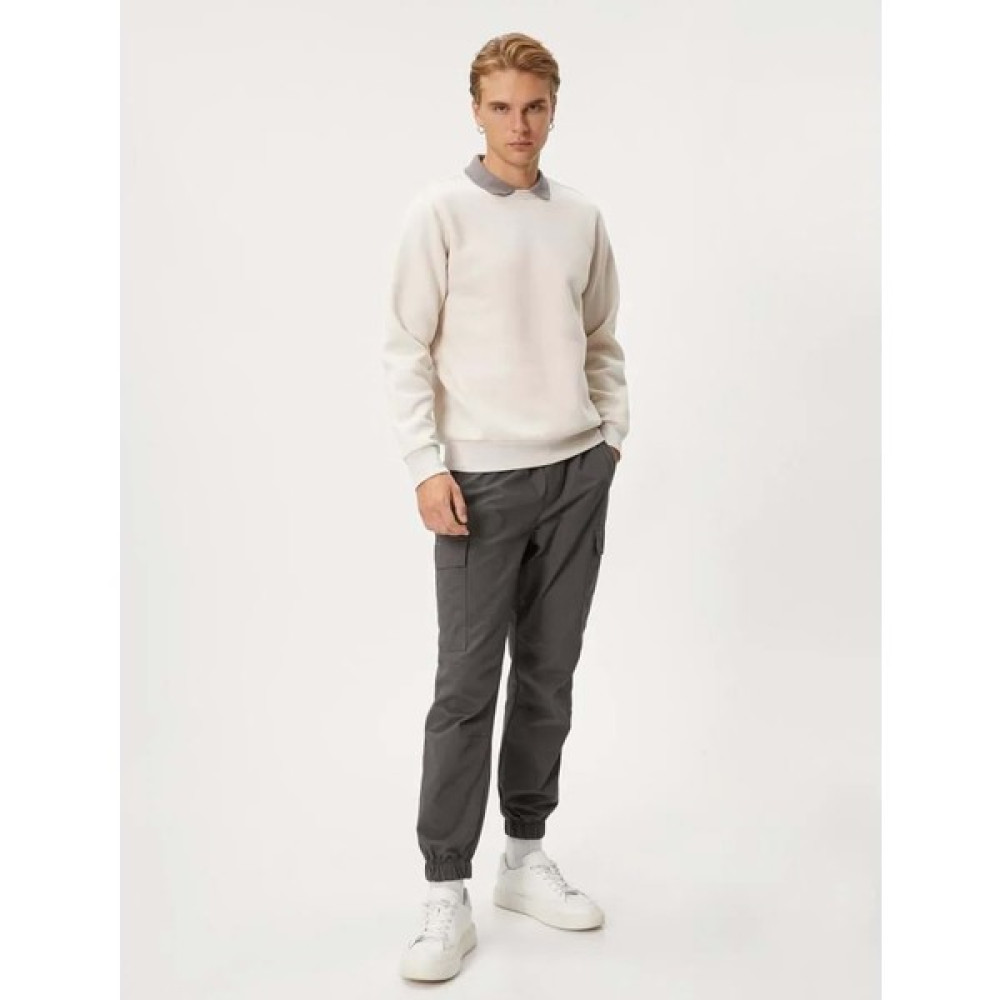 Koton Basic Sweatshirt Polo Yaka Etiket Baskı Detaylı Ribanalı Koton 4WAM70046MK Ekru Xxl Erkek Sweatshirt Fiyatı