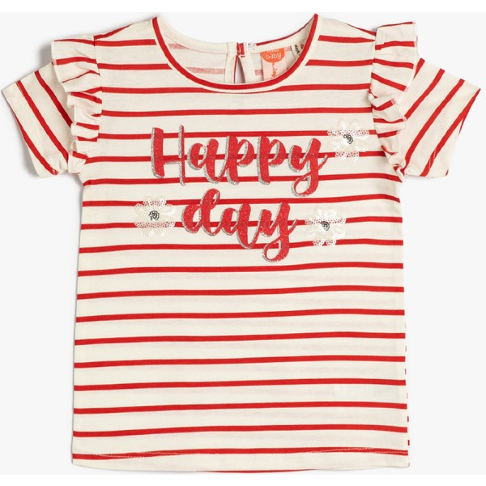Koton Çizgili Tişört Fırfırlı Pul-Payet İşlemeli Kısa Kollu Pamuklu Bebek T-shirt Fiyatı