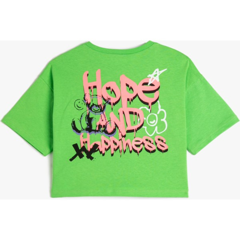 Koton Crop Oversize Tişört Arkası Baskılı Kısa Kollu Bisiklet Yaka Pamuklu Kız Çocuk T-shirt Fiyatı