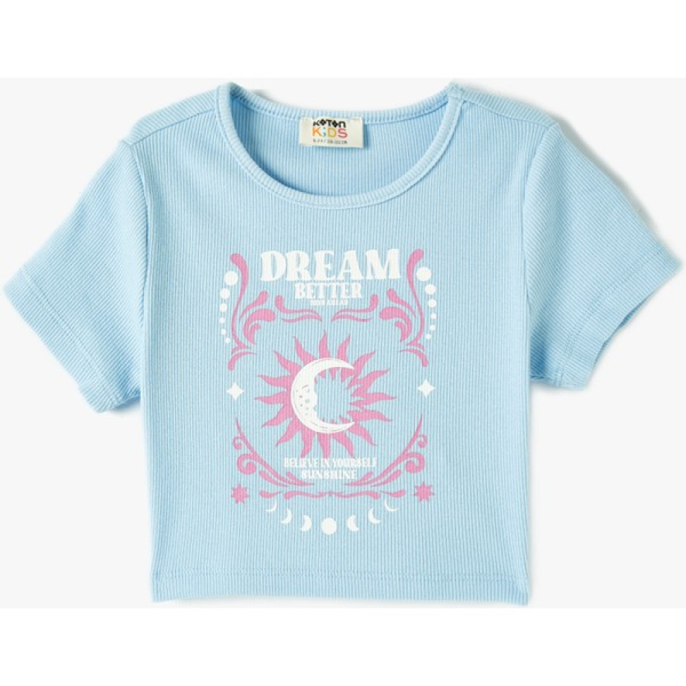 Koton Crop Tişört Baskılı Ribanalı Kısa Kollu Bisiklet Yaka Kız Çocuk T-shirt Fiyatı
