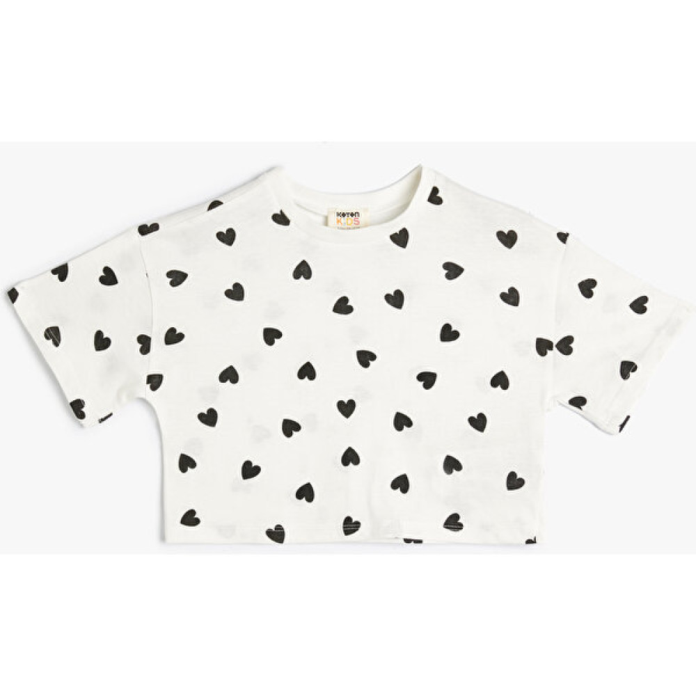 Koton Crop Tişört Kalp Baskılı Kısa Kollu Bisiklet Yaka Pamuklu Kız Çocuk T-shirt Fiyatı