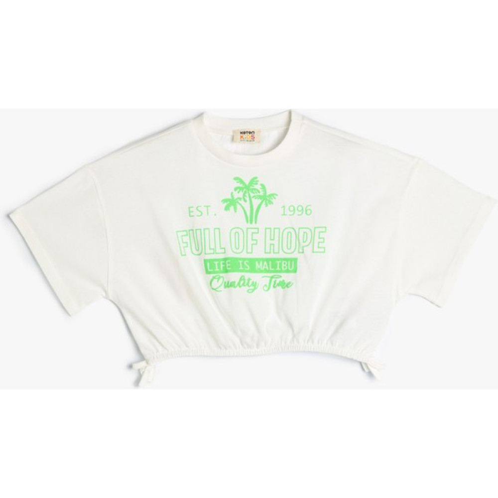 Koton Crop Tişört Kısa Kollu Bisiklet Yaka Baskılı Lastikli Pamuklu Kız Çocuk T-shirt Fiyatı
