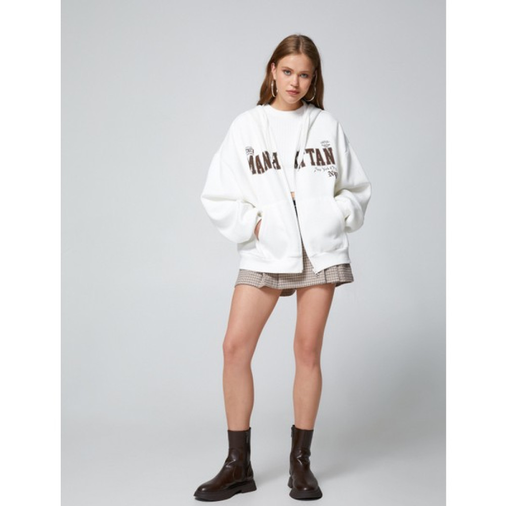 Koton Fermuarlı Sweatshirt Oversize Kapüşonlu Kolej Baskılı Kanguru Cepli Bayan Sweatshirt Fiyatı