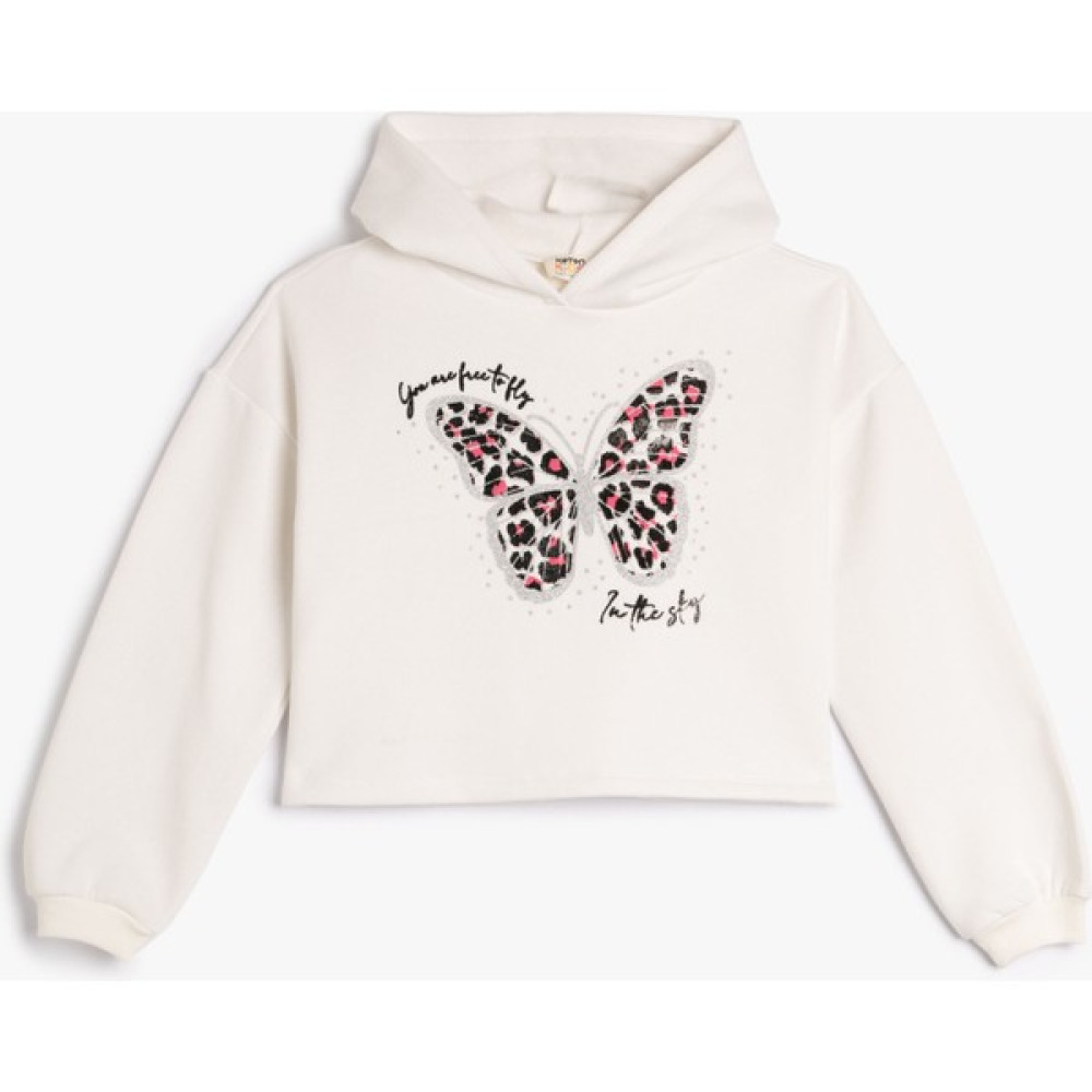 Koton Kapşonlu Crop Sweatshirt Şardonlu Kelebek Baskılı Kız Çocuk Sweatshirt Fiyatı