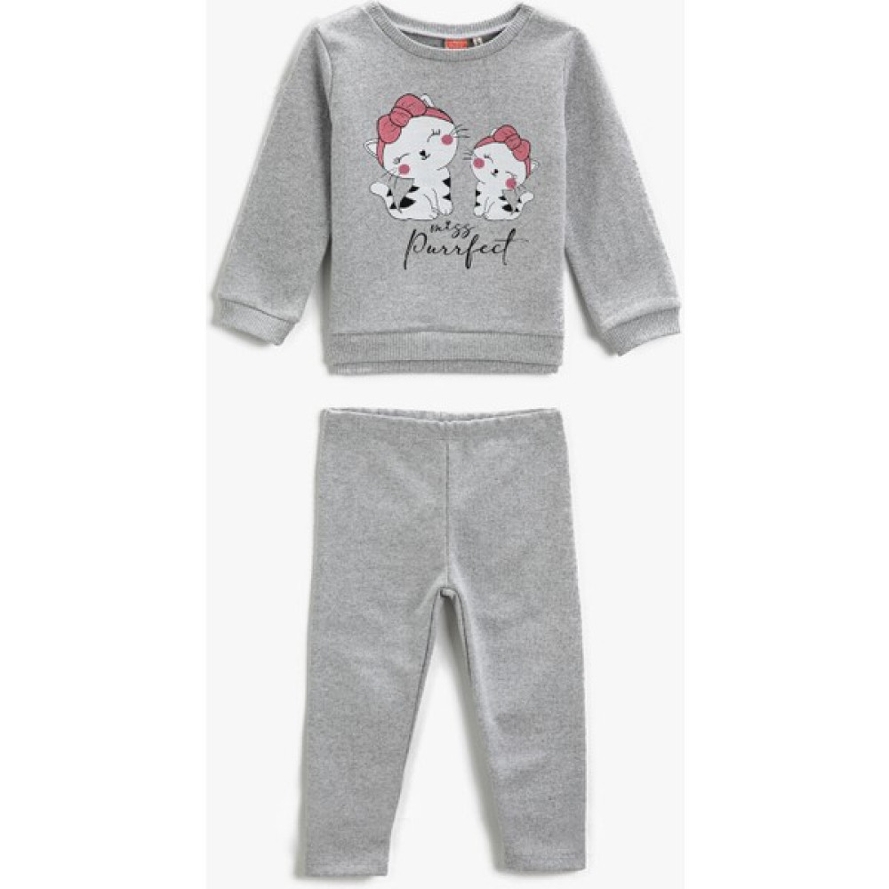 Koton Kız Bebek Kedi Baskılı Sweatshirt Eşofman Altı Seti Pamuklu Bebek Zıbın Seti Fiyatı