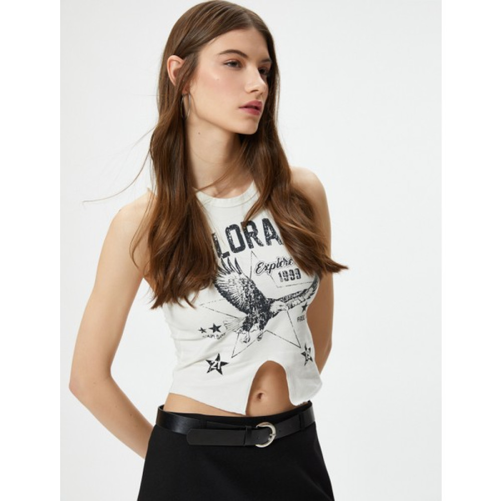 Koton Kolsuz Crop Tişört Kartal Baskılı Önden Asimetrik Kesim Slim Fit Pamuklu Bayan Atlet Fiyatı