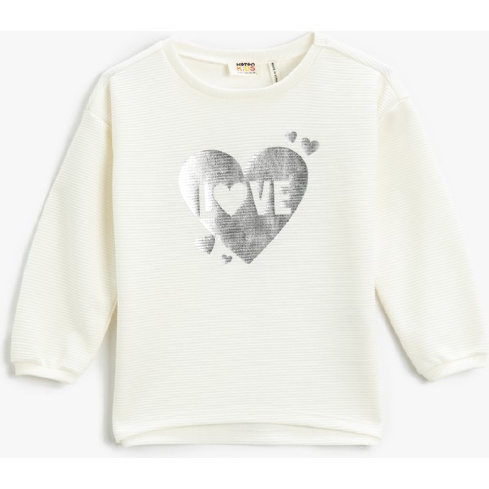 Koton Ribbanalı Sweatshirt Parlak Kalp Baskılı Bisiklet Yaka Kız Çocuk Sweatshirt Fiyatı
