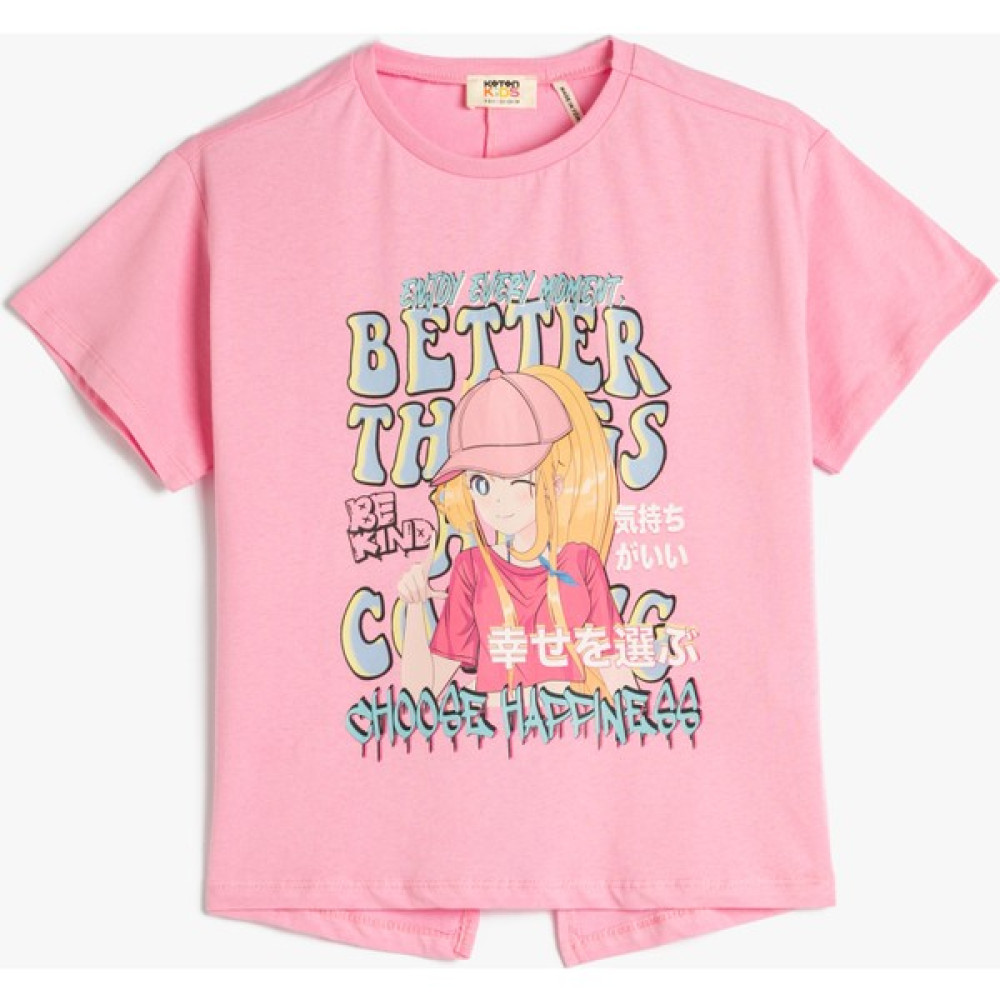 Koton Tişört Anime Baskılı Arkası Yırtmaç Detaylı Kısa Kollu Bisiklet Yaka Kız Çocuk T-shirt Fiyatı