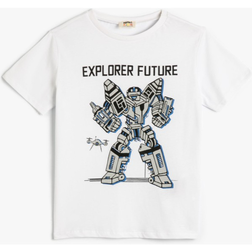 Koton Tişört Kısa Kollu Bisiklet Yaka Robot Baskılı Pamuklu Erkek Çocuk T-shirt Fiyatı
