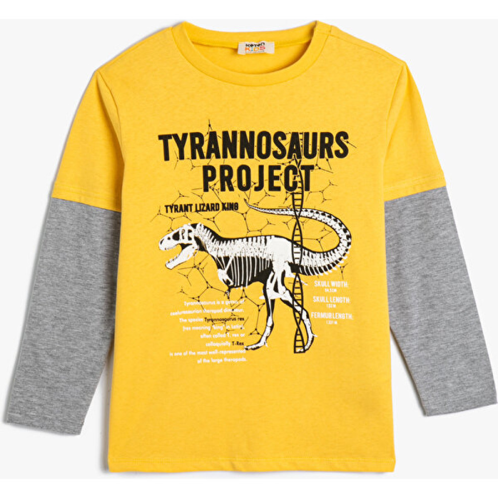 Koton Tişört Uzun Kollu Bisiklet Yaka Dinozor Temalı Pamuklu Erkek Çocuk T-shirt Fiyatı