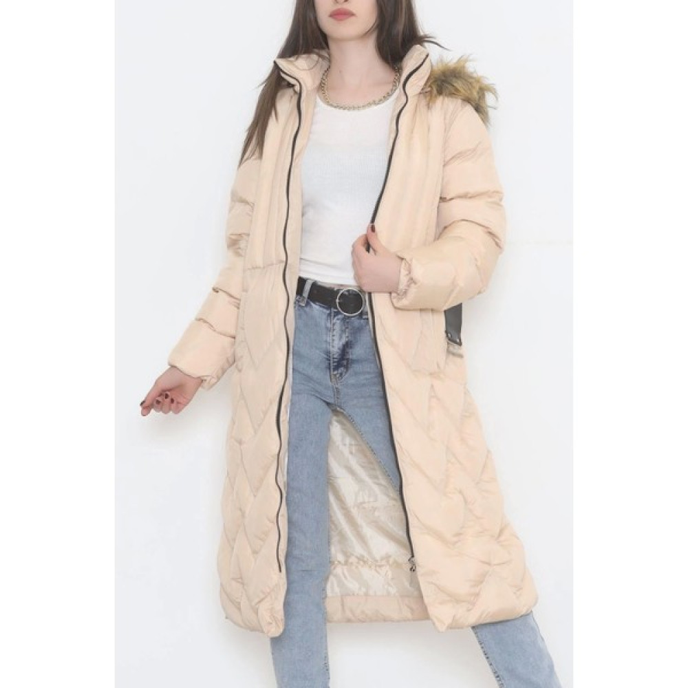 Kotyora Kemerli Şişme Uzun Kaban Bej - 5123.1555. Kadın Yelek Fiyatı