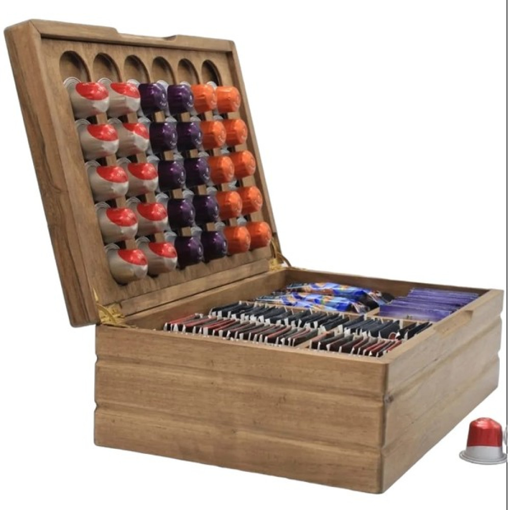 Köymen Woods Kapsül Kahve Standı Nespresso & Jacobs Uyumlu Kapsül Kahve ve Poşet Çay Kutusu Ahşap Kahve Kutusu - Ceviz Saklama Kapları Fiyatı