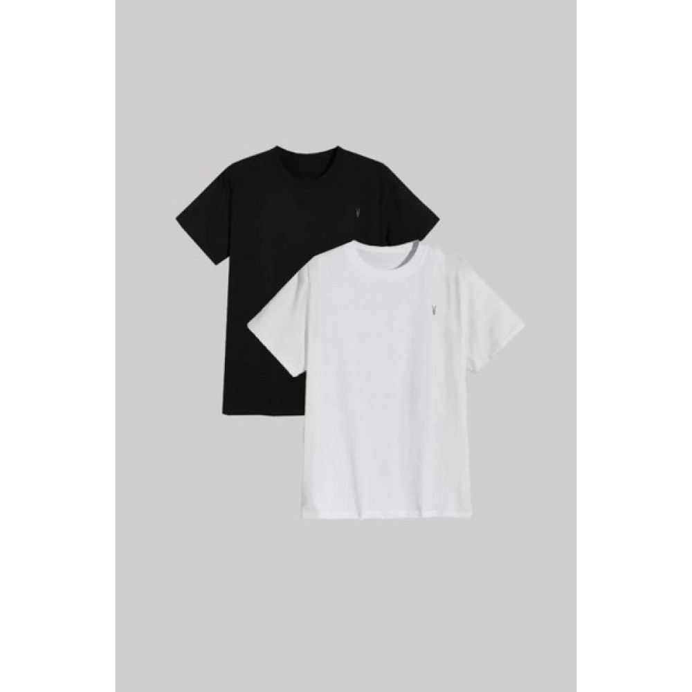 Kozik Erkek Siyah-Beyaz Bisiklet Yaka Standart %100 Pamuk Erkek T-Shirt 2'li Paket Erkek T-shirt Fiyatı