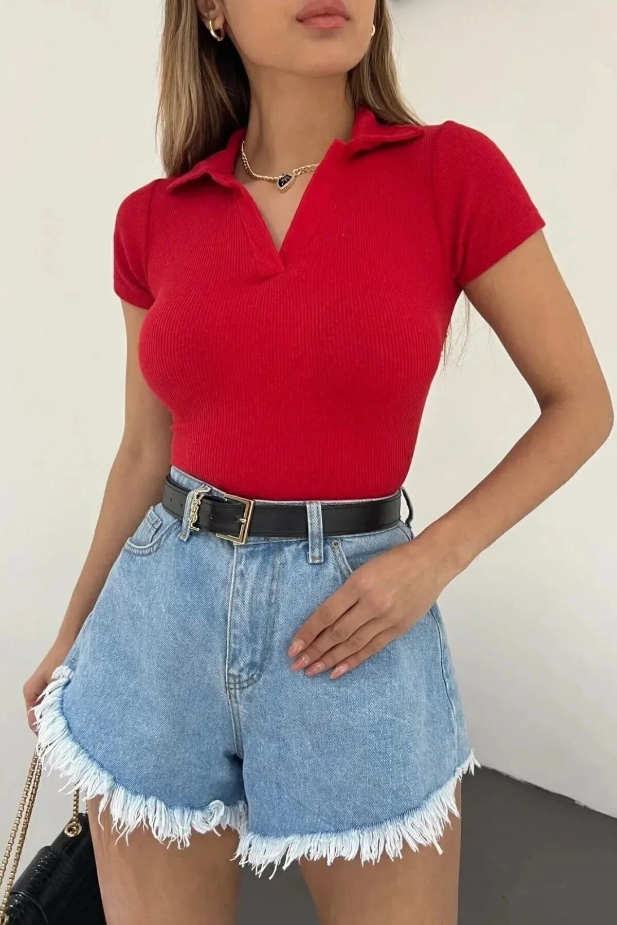 kozzy Fitted/vücuda Oturan Kırmızı Polo Yaka Kısa Kollu Kaşkorse Crop Bluz S/M Beden Bluz Fiyatı