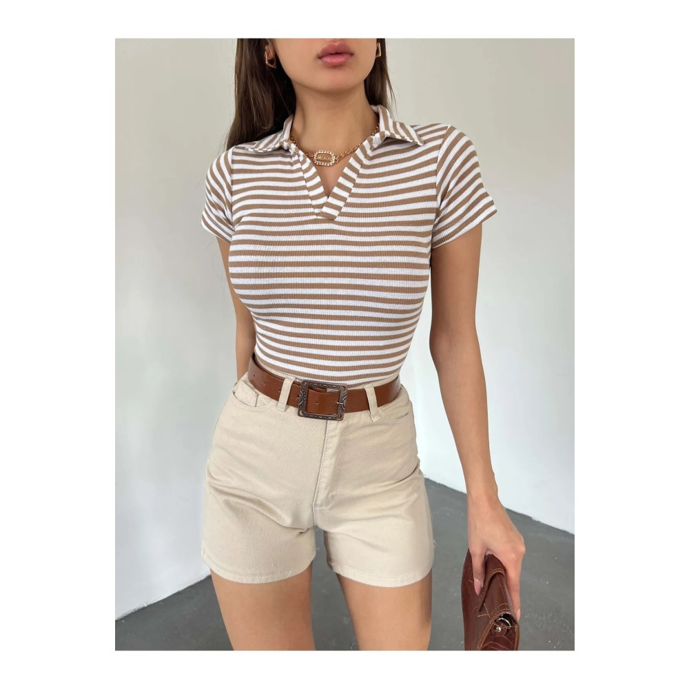 kozzy Fitted/vücuda Oturan Polo Yaka Kısa Kollu Çizgili Kaşkorse Crop Bluz Camel S/M Beden Bluz Fiyatı