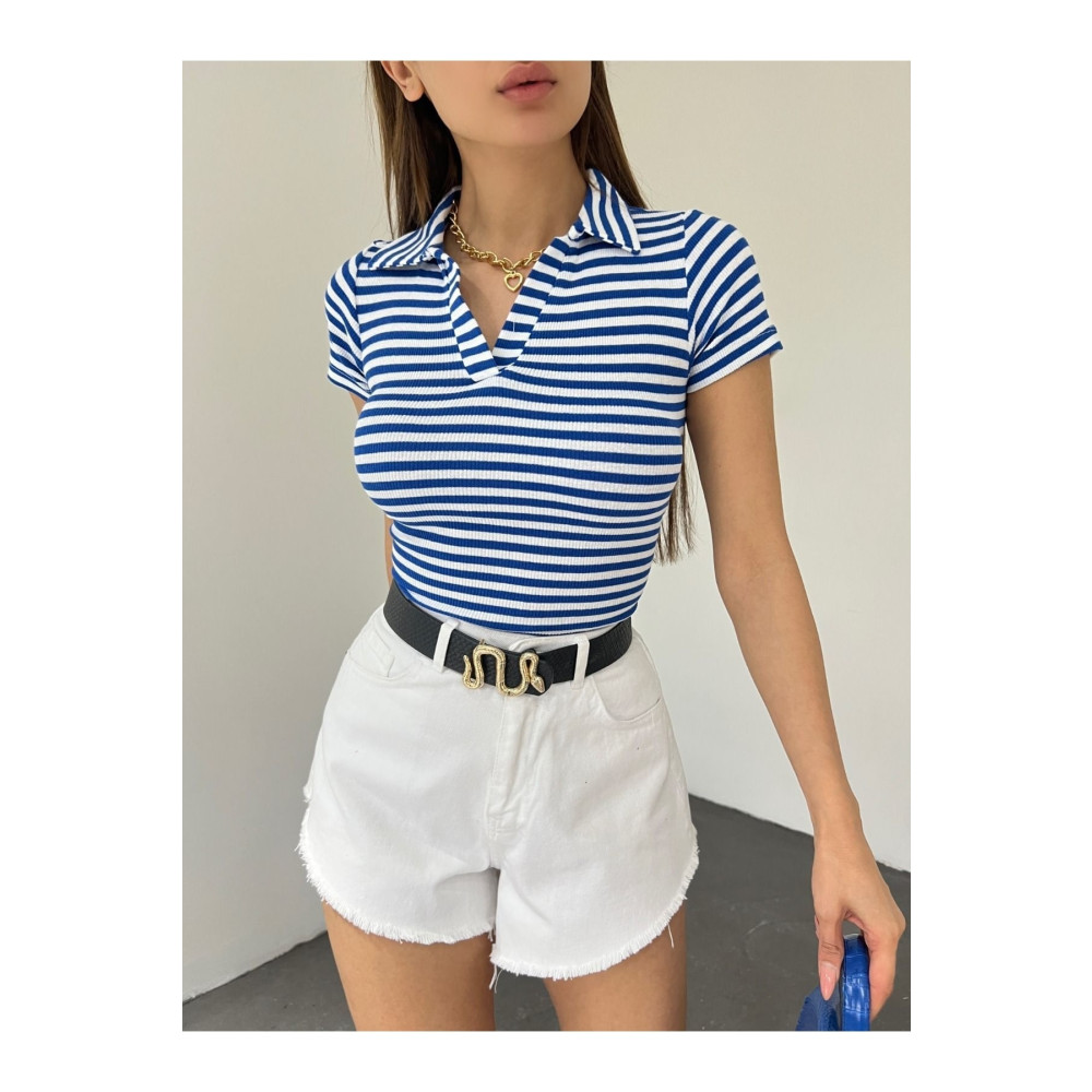 kozzy Fitted/vücuda Oturan Polo Yaka Kısa Kollu Çizgili Kaşkorse Crop Bluz Mavi Beyaz S/M Beden Bluz Fiyatı