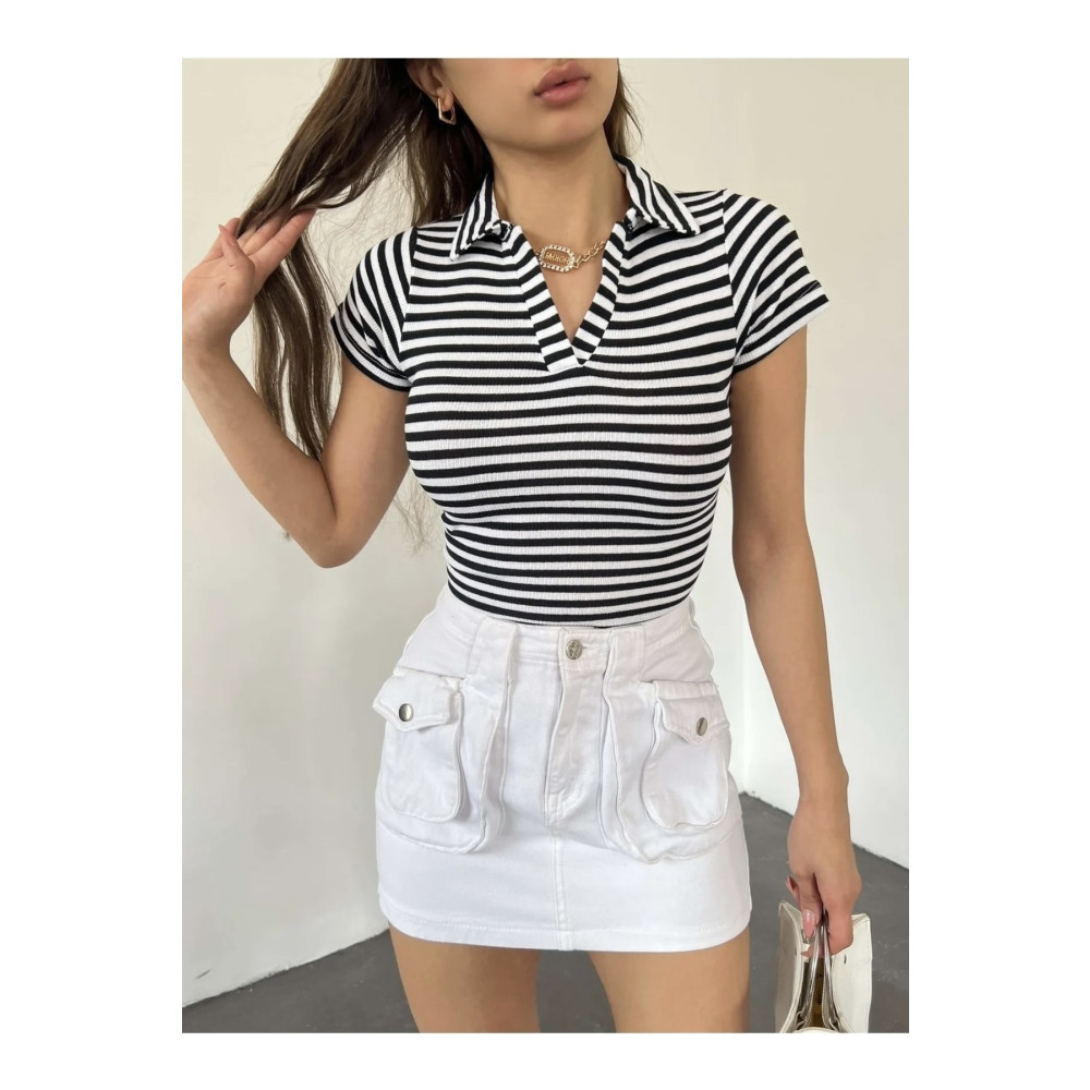 kozzy Fitted/vücuda Oturan Polo Yaka Kısa Kollu Çizgili Kaşkorse Crop Bluz Siyah Beyaz L/XL Beden Bluz Fiyatı