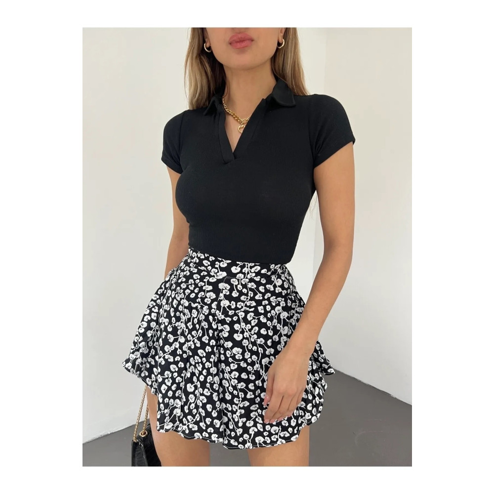 kozzy Fitted/vücuda Oturan Siyah Polo Yaka Kısa Kollu Kaşkorse Crop Bluz S/M Beden Bluz Fiyatı