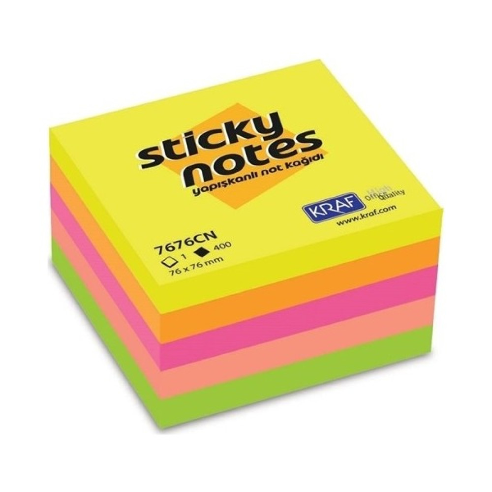 Kraf 7676CN Yapışkanlı Küp Not Kağıdı 76 mm x 76mm 5 Neon 400 Yaprak Not Defteri & Bloknot Fiyatı