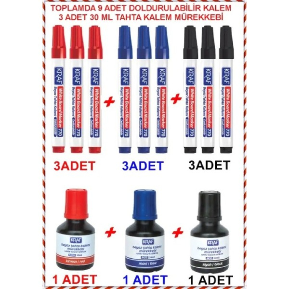Kraf Doldurulabilir Tahta Kalemi(770) 3 Siyah + 3 Mavi+ 3 Kırmızı ve 1 Siyah + 1 Mavi +1 Kırmızı 30 ml Mürekkep(445G) Kalem Kartuşu & Mürekkebi Fiyatı