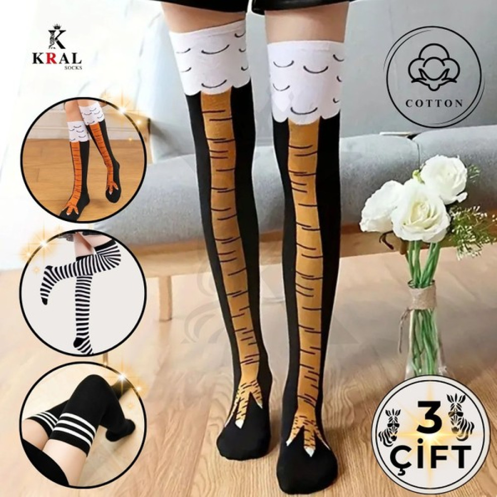 Kral Socks Kadın Dizüstü Çorap (3 Çift) Diz Üstü Zebra - Siyah - Tavuk Bacağı Çorap Çorap (Outdoor) Fiyatı