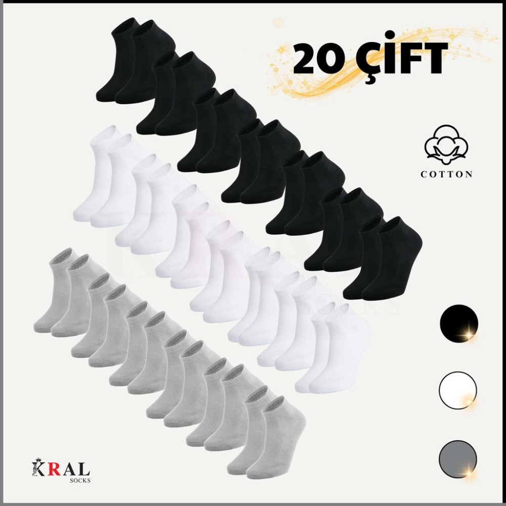 Kral Socks Kadın - Erkek (20 Çift ) Düz Desen Ekonomik Bilek Boy Patik Çorap Soket Çorap Fiyatı
