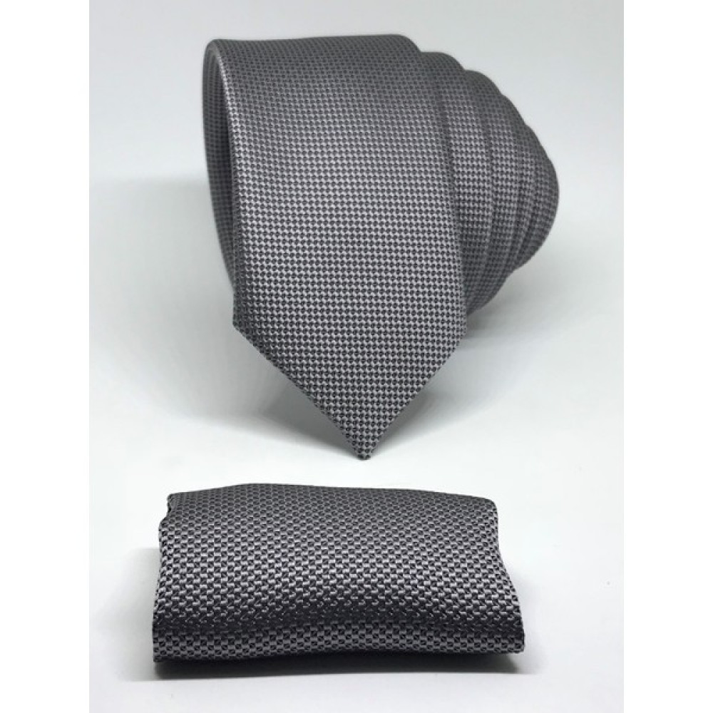 Kravat Gezegeni Gri Renk Slim Fit Oxford Kuş Gözü Desen Mendilli Kravat Kravat Fiyatı