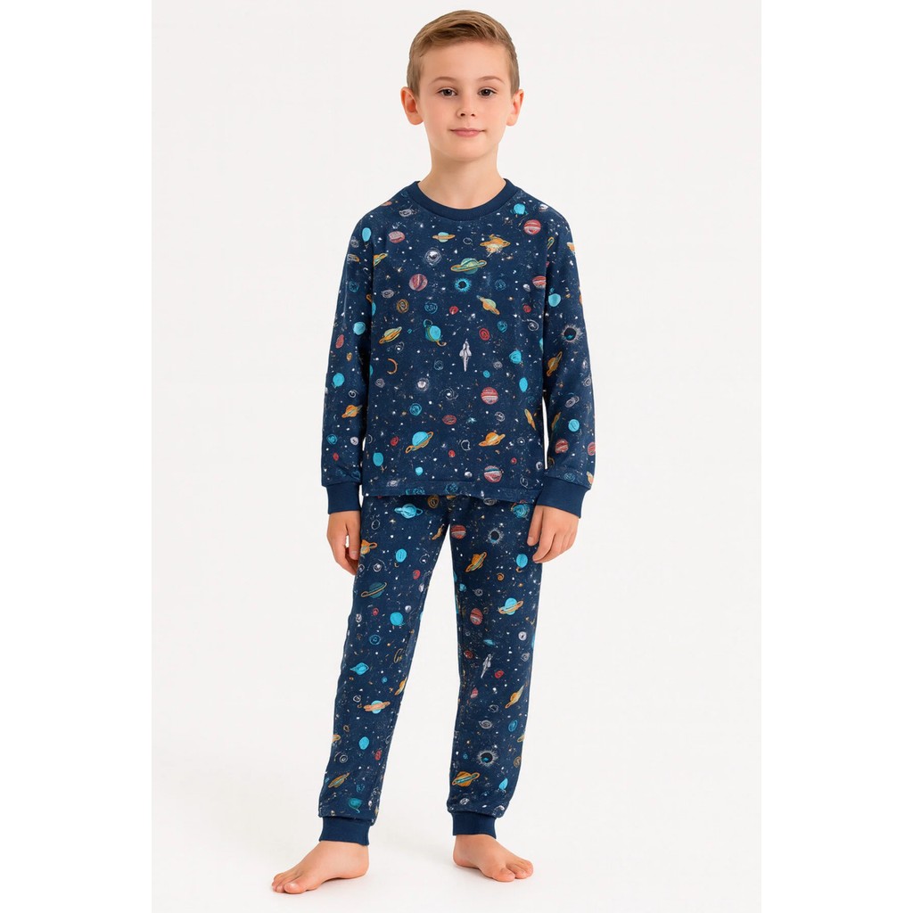 Krazber Çocuk Pijama Takımı Uzay Desenli Uzun Kollu 2'li Set Pijama Takımı Lacivert 3-13 Yaş Diğer Fiyatı