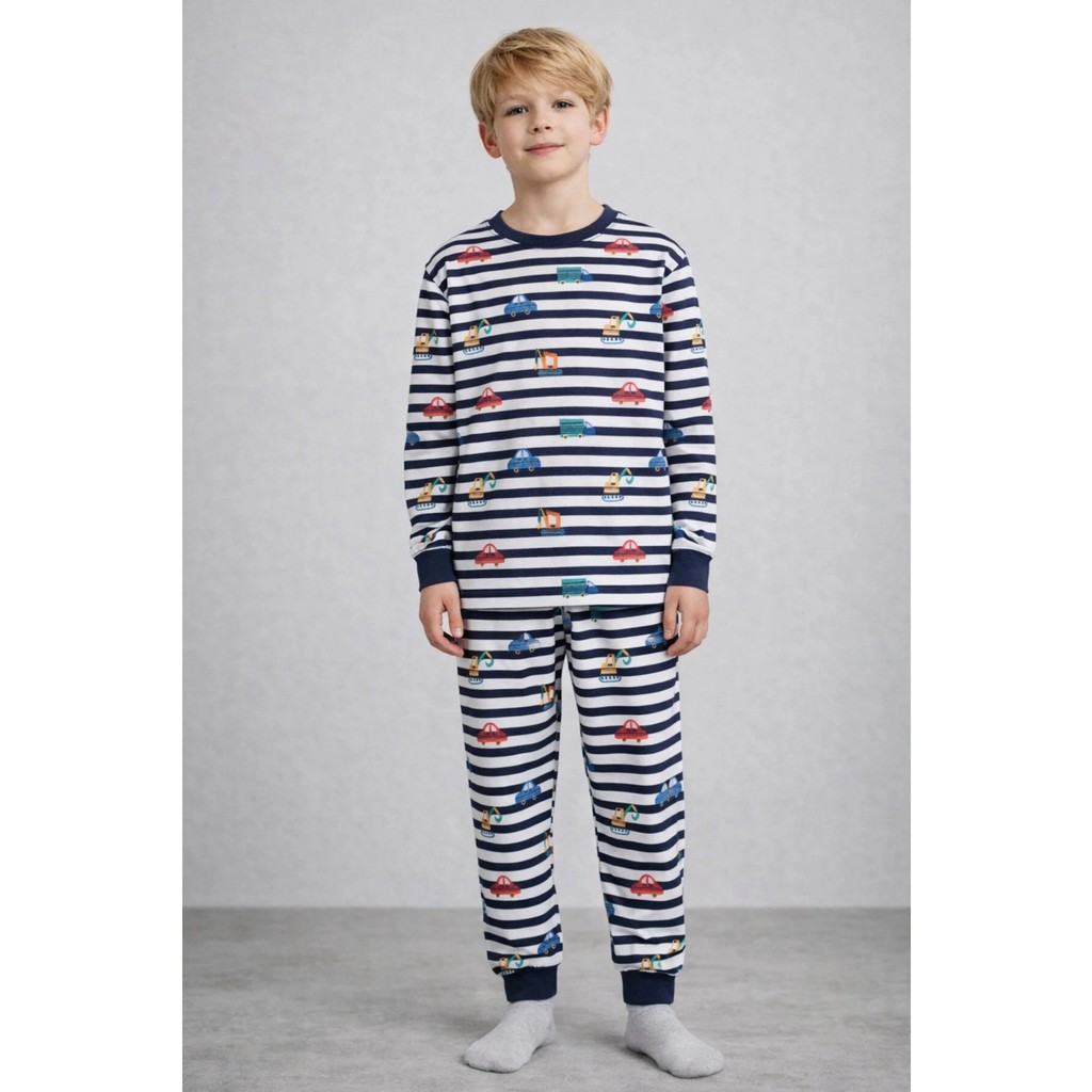 Krazber Erkek Çocuk Pijama Takımı %100 Pamuk – Arabalı & Iş Makinesi Desenli, Uzun Kollu, Çizgili (3-12 Yaş) Diğer Fiyatı