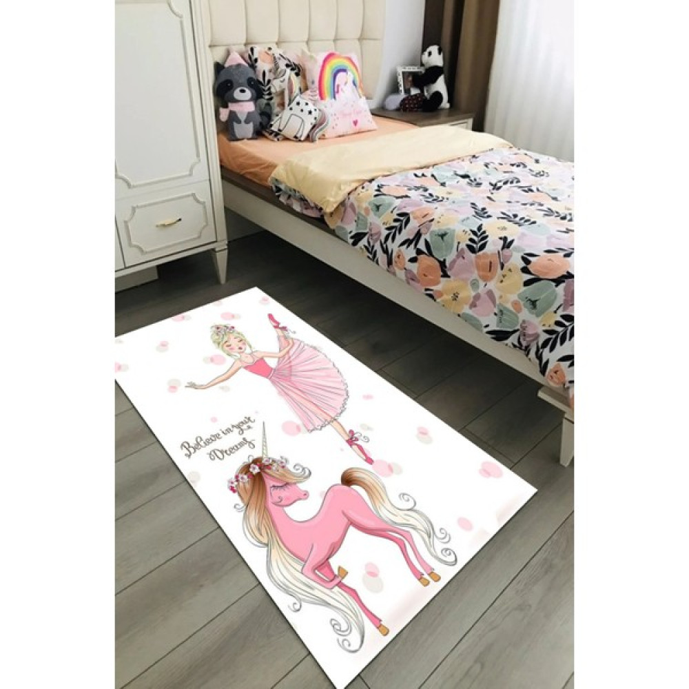 Kreatif Halı Balerin Kız Çocuk Halısı Pembe Çocuk Odası Halısı Dijital Baskı Kadife Kumaş Dot Taban Halı - 80 x 140 cm - Beyaz Bebek Odası Halı Fiyatı