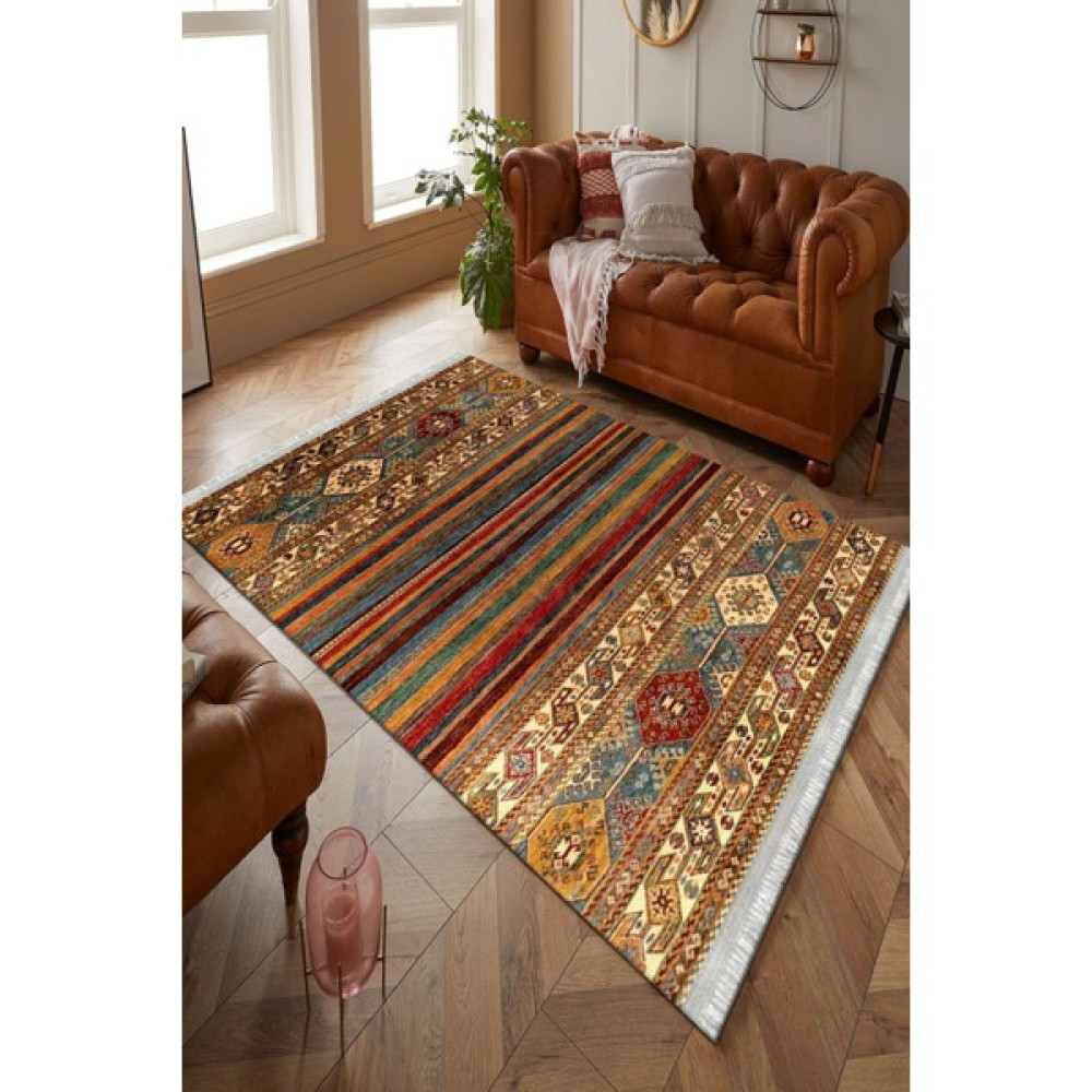 Kreatif Halı Dekoratif Yıkanabilir Vintage Figürlü Desen Kaymaz Taban Kadife Kumaş Dot Taban Balkon Halısı - 80 x 140 cm - Bej Salon Halısı Fiyatı