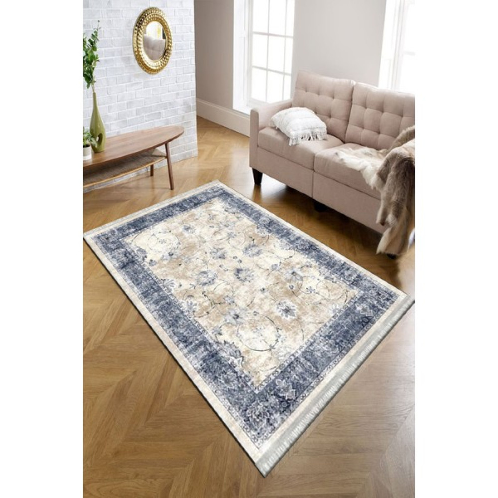 Kreatif Halı Eskitme Çiçekli Desen Yıkanabilir Halı Kadife Kumaş Süngerli Dot Taban Kilim Koridor Halısı Yolluk - 80 x 140 cm - Lacivert Salon Halısı Fiyatı