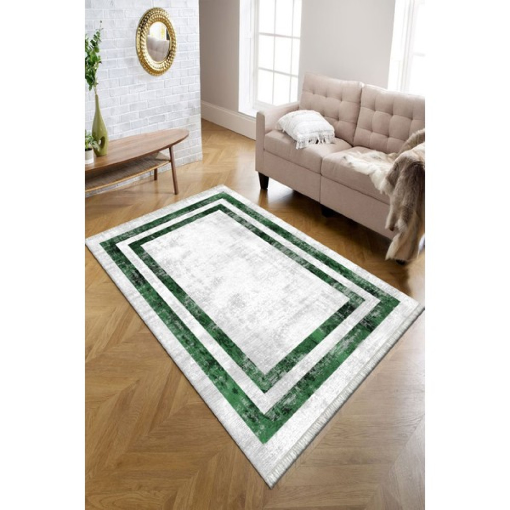 Kreatif Halı Eskitme Çizgili Yeşil Beyaz Yıkanabilir Mutfak Halısı Oval Kesme Süngerli Dot Taban Balkon Halısı - 80 x 140 cm Salon Halısı Fiyatı